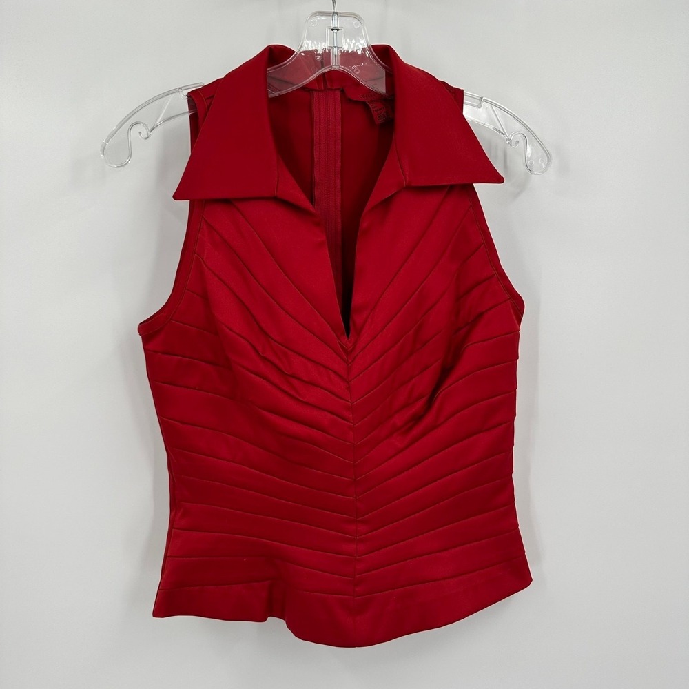 Womens Y2K Elegant Top Sz 6 Architectural Holiday Formal Satin Vibrant Chic Red